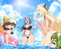  4girls alternate_costume bandages bikini black_bikini blonde_hair breasts brown_hair chime_(nikke) crown_(nikke) goddess_of_victory:_nikke goggles green_hair grey_hair highres kilo_(nikke) large_breasts modernia_(nikke) multiple_girls navel oung69 swim_ring swimsuit white_bikini yellow_bikini 