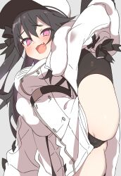  azur_lane black_hair black_panties black_ribbon black_socks bow breasts buttons chest_belt coat fur-trimmed_coat fur-trimmed_sleeves fur_trim hairbow hat highres holding_own_leg large_breasts leg_up long_hair long_sleeves oerba_yun_fang one_side_up pamiat_merkuria_(azur_lane) panties pink_eyes ribbon skin_fang smug socks split standing standing_on_one_leg standing_split supershiruco thighhighs thighs underwear white_coat white_hat 