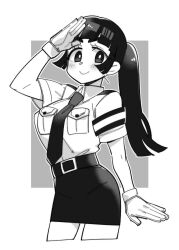  blush breasts choujun!_choujou_senpai cropped_legs female gloves greyscale higaragi highres ippongi_nao long_hair looking_at_viewer medium_breasts monochrome necktie pencil_skirt pocket police police_uniform ponytail salute short_sleeves skirt smile solo standing uniform white_background 