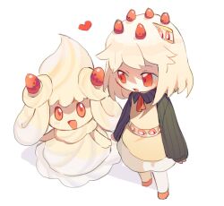  2019 alcremie blonde_hair blush clothing dress duo eye_contact eyebrows female female_human footwear fully_clothed_female generation_8_pokemon hair heart_symbol hi_res hrdrifter human long_sleeves looking_at_another looking_down mammal nintendo open_mouth open_smile pokemon pokemon_(species) red_clothing red_eyes red_footwear red_heart red_shoes shoes smile standing 