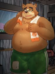  2024 absurd_res anthro bear belly big_belly blush bottomwear brown_body brown_fur clothing detailed_background eyewear fur glasses hi_res kemono lifewonders male mammal moobs navel one_eye_closed overweight overweight_male pants solo tokyo_afterschool_summoners towel towel_around_neck volos_(tas) yaki_atsuage 