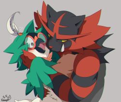  ambiguous/ambiguous ambiguous_gender anthro avian beak big_fangs blush decidueye duo fangs feathers felid fur generation_7_pokemon green_body green_feathers hug incineroar mammal nekogaki0324 nintendo nude open_mouth pokemon pokemon_(species) red_body red_fur teeth tongue 