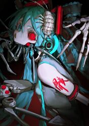  absurdres android arm_tattoo artificial_eyes blue_eyes blue_trim bow bug calne_ca_(deino) eyelashes female hair_between_eyes hair_ornament hairbow hatsune_miku heterochromia highres kako_(pixiv77158173) large_bow long_hair mandibles mechanical_arms red_background red_eyes shirt sleeveless sleeveless_shirt solo tattoo teeth upper_body upper_teeth_only vocaloid white_shirt 