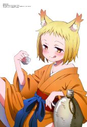  :q absurdres alcohol animal_ear_fluff animal_ears blonde_hair blush choko_(cup) cup drink drunk female fingernails fox_ears fox_girl gradient_hair hand_up highres holding holding_cup holding_drink japanese_clothes kimono kitsune licking_lips long_sleeves looking_ahead magazine_scan megami_magazine multicolored_hair obi official_art orange_eyes orange_kimono red_sash sake sash scan sengoku_youko short_hair simple_background single_bare_shoulder sitting smile solo tama_youko tokkuri tongue tongue_out translation_request white_background wide_sleeves 