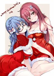  22/7 2girls black-framed_eyewear blue_eyes blue_hair blush border braid breasts brown_background cleavage closed_mouth collarbone dress flower hair_flower hair_ornament hair_ribbon highres kisairo_kaede light_blue_hair long_hair looking_at_viewer maruyama_akane merry_christmas multiple_girls parted_lips rectangular_eyewear red_dress red_eyes red_hair ribbon santa_costume sato_reika semi-rimless_eyewear sidelocks single_braid straight_hair thighhighs under-rim_eyewear white_border white_flower white_thighhighs 