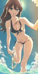  absurdres armpits bare_legs bare_shoulders barefoot bikini black_hair bloom_into_me15 bracelet breasts choppy_bangs cleavage cloud collarbone feet female floating_hair front-tie_bikini_top front-tie_top green_eyes highres idolmaster idolmaster_cinderella_girls idolmaster_cinderella_girls_starlight_stage jewelry leaning_forward long_hair looking_at_viewer medium_breasts narrow_waist navel ocean open_mouth shibuya_rin shorts skinny sky solo standing standing_on_one_leg sun sunlight swimsuit thigh_gap tongue undressing white_shorts 