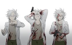  1boy absurdres blood blood_in_hair blood_on_clothes blood_on_face blue_eyes brown_shirt chinese_commentary clenched_teeth commentary_request cowboy_shot glasses gradient_background green_pants gun hands_in_hair highres holding holding_gun holding_weapon kanou_aogu kleinsk lab_coat long_sleeves male_focus multiple_views opaque_glasses open_clothes open_mouth pants saibou_shinkyoku semi-rimless_eyewear shirt short_hair simple_background smile sweat teeth weapon white_hair 