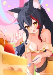  +_+ animal_ear_fluff black_hair breasts brown_eyes cake cleavage female food fork highres holding holding_fork hololive large_breasts long_hair looking_at_viewer multicolored_hair ookami_mio open_mouth ponytail red_hair solo strawberry_shortcake streaked_hair tail_around_own_leg takumin_dx virtual_youtuber 