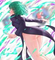  absurdres artist_name ass black_dress blush breasts curly_hair dress eyes_visible_through_hair feet_out_of_frame female fingernails from_behind green_eyes green_hair highres kneepits long_sleeves looking_back looking_to_the_side medium_hair one-punch_man parted_lips pietrosatou side_slit small_breasts solo sweat tatsumaki twitter_username 