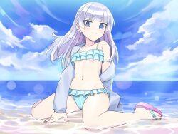  bikini blue_bikini blue_eyes braid breasts closed_mouth dolphin_wave female highres jacket long_hair long_sleeves looking_at_viewer mile sandals schnee_weissberg shigehiro_(hiroi_heya) sitting small_breasts solo swimsuit underboob wariza white_hair white_jacket 