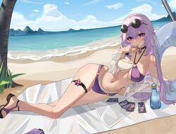  alternate_costume anklet bare_shoulders beach beach_towel bikini black_choker black_swan_(honkai:_star_rail) bottle breasts bronya_rand card chinese_commentary choker cleavage collarbone commentary eyewear_on_head female hair_between_eyes hand_up highleg highleg_bikini highres honkai:_star_rail honkai_(series) jewelry large_breasts legs long_hair looking_at_viewer lying march_7th_(honkai:_star_rail) march_7th_(preservation)_(honkai:_star_rail) navel o-ring o-ring_top ocean on_side open_clothes open_shirt purple_bikini purple_eyes purple_hair round_eyewear sand sandals see-through see-through_shirt shirt smile solo sparkle_(honkai:_star_rail) stomach swim_ring swimsuit thigh_strap thighs toeless_footwear toenails toes topaz_(honkai:_star_rail) towel two-tone_bikini underboob white_shirt yuan_zhen 