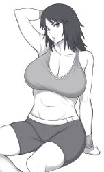  absurdres arm_behind_head bike_shorts breasts cleavage commentary female girls_und_panzer greyscale highres large_breasts looking_at_viewer medium_hair monochrome murakami_(girls_und_panzer) navel open_mouth sitting solo sports_bra wristband yougata 