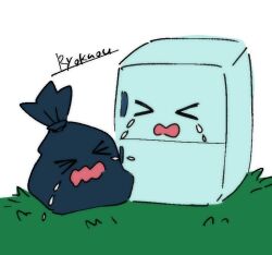  &gt;_&lt; ambiguous_gender animate_inanimate appliance bodily_fluids closed_eyes crying duo fridge grass kitchen_appliance living_fridge not_furry plant ryokuousann simple_background tears trash_bag white_background 