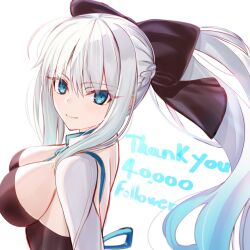  black_bow black_dress blue_eyes bow breasts cleavage dress fate/grand_order fate_(series) female grey_hair hairbow highres large_breasts long_hair long_sleeves looking_at_viewer morgan_le_fay_(fate) neko_daruma ponytail sidelocks smile solo two-tone_dress very_long_hair white_dress 