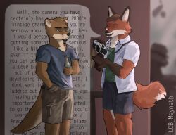  anthro blurred_background bottomwear brown_body brown_eyes brown_fur camera canid canine cargo_shorts chase_hunter closed_eyes clothed clothing depth_of_field disinterested dress_shirt duo echo_(game) echo_(series) echo_project fox fur furniture hi_res holding_object inside lcb_meyneth male mammal murdoch_byrnes mustelid open_clothing open_shirt open_topwear otter red_fox shirt shorts signature silhouette speech_bubble t-shirt table tagme tan_body tan_fur the_smoke_room topwear true_fox wall_(structure) 