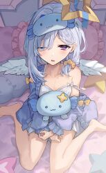  :3 alternate_costume amane_kanata bare_legs bare_shoulders barefoot bed blue_hair blush commentary_request drooling female halo highres hololive hopepe long_hair mask multicolored_hair on_bed one_eye_closed open_mouth pillow scrunchie single_hair_intake sitting sleepwear solo star_halo strap_slip streaked_hair upao_(amane_kanata) virtual_youtuber wariza white_hair wings 