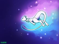  2_toes 3_fingers abstract_background ambiguous_gender anthro blue_background feet fingers flying generation_1_pokemon hi_res legendary_pokemon long_tail looking_away mewtwo night nintendo noki001 pokemon pokemon_(species) simple_background solo star tail toes white_body 