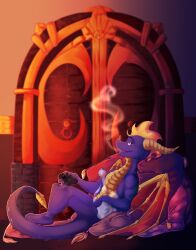  activision anthro controller digital_media_(artwork) dragon gate hi_res horn male mythological_creature mythological_scalie mythology pillow purple_body relaxing scalie smoke smoking_pipe solo spyro spyro_the_dragon tail wanderertamplior wings 