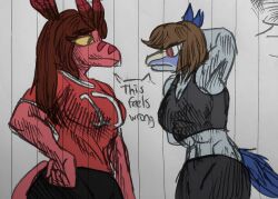  2024 5_fingers abs alternate_costume anthro athletic athletic_anthro athletic_female banco blue_body blue_feathers blue_scales blue_tail breasts brown_hair cavemanon_studios cleavage clothed clothing clothing_swap crop_top dialogue dinosaur dromaeosaurid duo english_text extinct feathered_dinosaur feathered_scalie feathered_tail feathers female fingers graphite_(artwork) hair hi_res i_wani_hug_that_gator jenine_(iwhtg) long_hair long_tail midriff multicolored_body multicolored_scales pencil_(artwork) prehistoric_species red_body red_eyes red_scales reptile scales scalie shirt short_hair snout tail text theropod topwear traditional_media_(artwork) two_tone_body two_tone_scales velociraptor victoria_(iwhtg) yellow_sclera 