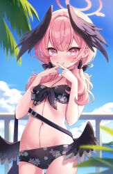  artist_name bikini black_bikini black_bow black_wings blue_archive blush bow breasts cloud cloudy_sky day feathered_wings female floral_print front-tie_bikini_top front-tie_top hair_between_eyes hair_over_shoulder hairbow halo hands_up head_wings highres koharu_(blue_archive) koharu_(swimsuit)_(blue_archive) long_hair low_twintails low_wings moorina navel official_alternate_costume outdoors palm_leaf pink_eyes pink_hair pink_halo print_bikini sky small_breasts solo swimsuit twintails wings x_fingers 