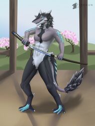  absurd_res anthro featureless_crotch fur hair hi_res holding_melee_weapon holding_object holding_sword holding_weapon katana looking_at_viewer male mammal melee_weapon muscular muscular_anthro muscular_male pecs sergal simple_background smile solo standing sword tail teremunart unknown_character unsheathing weapon 