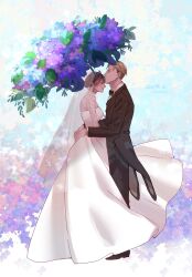  1boy black_hair blonde_hair blush bouquet breasts bridal_veil bride closed_eyes dress earrings female flower gold_earrings groom highres jewelry kissing kissing_forehead large_breasts long_hair long_sleeves open_mouth shirt sidelocks spy_x_family straight tuxedo twilight_(spy_x_family) umini_ikukara veil wedding wedding_dress white_dress yor_briar 