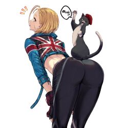  absurdres ass bending black_sports_bra blonde_hair blue_eyes cammy_white capcom cat_on_ass commentary_request cropped_jacket curious feline female fingerless_gloves gloves hands_on_own_knees highres jacket leather leather_jacket looking_back meowing pants r1nzo red_beret scar scar_on_face short_hair solo speech_bubble sports_bra street_fighter street_fighter_6 tight_clothes tight_pants union_jack 