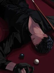  1boy ball billiard_ball billiards black_gloves black_shirt brown_eyes collarbone cue_stick gloves hana_(zakkokutookome) hickey highres lips long_sleeves looking_at_viewer love_and_deepspace male_focus parted_lips shirt short_hair solo upper_body zayne_(love_and_deepspace) 