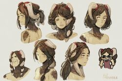  :/ aidenr0 alternate_hairstyle animal_ears artist_name braid brown_fur brown_hair chibi collarbone commentary english_commentary female fire_emblem fire_emblem_awakening gigachad_(meme) grey_background hair_bun highres meme multiple_views panne_(fire_emblem) parted_lips rabbit_ears self-upload short_hair side_braid simple_background smile taguel 