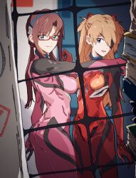  2girls absurdres ass asymmetrical_docking bloom_into_me15 blue_eyes book breast_press breasts brown_hair cargo_net crotch evangelion:_3.0_you_can_(not)_redo eyepatch glasses hair_ornament hand_on_another&#039;s_shoulder headband highres light_smile long_hair looking_at_viewer makinami_mari_illustrious medium_breasts multiple_girls muscular muscular_female neon_genesis_evangelion net open_mouth orange_hair plugsuit ponytail rebuild_of_evangelion red_hair shy small_breasts smile souryuu_asuka_langley standing thighs 