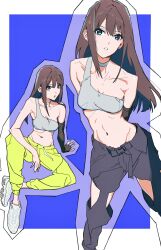  abs absurdres arms_behind_back asymmetrical_clothes bare_shoulders black_hair bloom_into_me15 breasts choker cleavage clothing_cutout collarbone detached_sleeves elevation_contour_lines grey_choker hair_between_eyes highres hip_bones idolmaster idolmaster_cinderella_girls long_hair midriff multiple_views narrow_waist navel open_mouth outline pants shibuya_rin sitting skinny small_breasts spread_legs standing white_footwear yellow_pants 