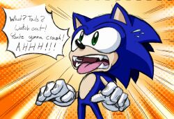  blue_body blue_fur clothing dialogue english_text eulipotyphlan fur gloves green_eyes handwear hedgehog male mammal open_mouth rongs1234 sega solo sonic_the_hedgehog sonic_the_hedgehog_(series) speech_bubble teeth text tongue tongue_out 