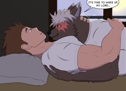  anthro bodily_fluids canid clothing cuddling duo fftempest fur grey_body grey_fur hair hug human jock_protagonist_(tas) lifewonders lying male male/male mammal protagonist_(tas) saliva shirt sleeping smile tadatomo_(tas) text tokyo_afterschool_summoners topwear white_clothing white_hair white_shirt white_topwear 