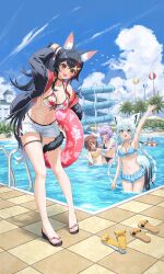  4girls absurdres animal_ear_fluff animal_ears aqua_eyes arm_up armpits bikini bikini_skirt black_hair black_jacket blue_bikini blue_skirt blue_sky breasts brown_eyes brown_hair cat_ears cat_girl cat_tail cleavage cloud dog_ears dog_girl dog_tail fox_ears fox_girl fox_tail hair_ornament hairpin highres holding holding_swim_ring hololive hololive_gamers inugami_korone jacket kazuna_(minekazuna) large_breasts listener_(inugami_korone) looking_at_viewer miofa_(ookami_mio) multicolored_hair multiple_girls navel nekomata_okayu official_alternate_costume onigirya_(nekomata_okayu) ookami_mio ookami_mio_(hololive_summer_2019) pool pool_ladder poolside purple_bikini red_hair shirakami_fubuki shirakami_fubuki_(hololive_summer_2019) shorts skirt sky streaked_hair sukonbu_(shirakami_fubuki) swim_ring swimsuit tail tail_around_own_leg virtual_youtuber wading water white_bikini white_hair white_shorts yellow_bikini 