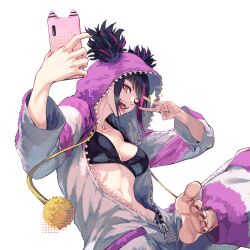  absurdres barefoot black_bra black_hair black_nails blunt_bangs border bra breasts cleavage collarbone female full-length_zipper hair_through_hood highres holding holding_phone hood hoodie juri_han large_breasts long_sleeves looking_at_viewer multicolored_hair navel one_eye_closed onesie open_pajamas pajamas phone pink_pajamas pom_pom_(clothes) purple_eyes purple_hair r1nzo silk simple_background smile solo spider_web streaked_hair street_fighter street_fighter_6 tongue tongue_out underwear v white_background white_border wide_sleeves zipper zipper_pull_tab 