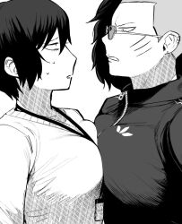  2girls asymmetrical_hair between_breasts black_track_suit breast_press breasts claw_scar constricted_pupils earrings from_side genderswap_(mtf) greyscale jewelry lanyard large_breasts monochrome multiple_girls nervous_sweating odd_taxi rule_63 scar scar_on_cheek scar_on_face scowl sekiguchi_(odd_taxi) shaved_head short_hair spoilers sweat sweater track_suit white_background y_ahyahyah yamamoto_fuyuki yuri 