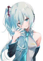  :p aqua_eyes aqua_hair aqua_necktie breasts collar commentary derivative_work detached_sleeves female grey_shirt hair_between_eyes hatsune_miku hatsune_miku_(noodle_stopper) highres long_hair looking_at_viewer meme miyasaka_miyabi necktie photo-referenced ponytail shirt sidetail_miku_noodle_stopper_(meme) simple_background sleeveless sleeveless_shirt small_breasts tongue tongue_out vocaloid white_background white_collar 