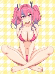  :q absurdres azur_lane bare_shoulders barefoot between_legs bikini breasts bremerton_(azur_lane) cleavage closed_mouth collarbone commentary crossed_bangs female grey_hair hair_between_eyes hair_intakes hair_ornament hand_between_legs head_tilt heart highres indian_style kuro_hopper large_breasts long_hair looking_at_viewer mole mole_on_breast mole_under_eye multicolored_hair navel pink_bikini pink_eyes pink_hair plaid_background sidelocks sitting smile solo stomach streaked_hair swimsuit tongue tongue_out twintails two-tone_hair yellow_background 