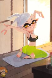  agent_4_(splatoon) arms_up ass black_sports_bra blurry blurry_foreground breasts character_doll cleavage commentary_request corrupted_twitter_file cross-shaped_pupils female full_body green_pants grey_hair high-waist_pants highres indoors inkling large_breasts looking_at_viewer marie_(splatoon) median_furrow mole mole_under_eye pants ponytail short_eyebrows smile solo splatoon_(series) splatoon_3 sports_bra stirrup_legwear symbol-shaped_pupils tentacle_hair thick_eyebrows toeless_legwear yellow_eyes zhang_tian57284 