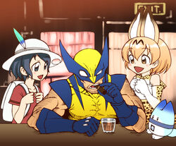  1boy 2girls :d animal_ears backpack bag bare_shoulders black_hair blonde_hair chiba_toshirou cigar commentary crossover cup drinking_glass elbow_gloves gloves hat hat_feather helmet holding_strap kaban_(kemono_friends) kemono_friends lucky_beast_(kemono_friends) manly marvel multiple_girls open_mouth parody photoshop_(medium) pith_helmet serval_(kemono_friends) serval_print short_hair smile smoking tail wolverine_(x-men) x-men x-men:_first_class 