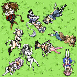  6+girls :d ;d ^_^ animal_ears animal_print annotated arms_behind_head bell black_eyes black_hair borrowed_character breasts brown_eyes brown_hair cleavage closed_eyes collar commentary cow_ears cow_girl cow_horns cow_print cow_tail cowbell crossover denim ego_trigger elfleda_mirjasdottir english_commentary from_above grass grey_horns headset holstaur_(monster_girl_encyclopedia) hooves horns huge_breasts idolmaster idolmaster_cinderella_girls jeans kumatanchi large_breasts light_purple_hair long_hair lotte_no_omocha! lying maid_headdress matsu-sensei mattie_(ego_trigger) monster_girl monster_girl_encyclopedia monster_musume_no_iru_nichijou multiple_crossover multiple_girls neck_bell oikawa_shizuku on_back on_side one_eye_closed open_mouth original pants pink_hair pink_legwear purple_eyes short_hair skirt smile species_connection sukimi tail thighhighs trait_connection twintails ushi-oneesan white_hair white_horns white_legwear zettai_ryouiki 