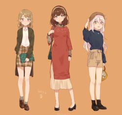  3girls :d ahoge arm_at_side artist_name bag bare_legs beret black_footwear black_sweater blouse blue_eyes blush boots bracelet brown_background brown_eyes brown_footwear casual coat collared_shirt commentary dated dress drill_hair earrings full_body green_coat grey_eyes grey_legwear hairband hand_up handbag hat holding holding_bag hoshi_syoko idolmaster idolmaster_cinderella_girls jewelry light_brown_hair long_skirt long_sleeves medium_skirt minato_(haexxxmint) morikubo_nono multiple_girls necklace no_socks open_mouth orange_background plaid plaid_skirt red_dress ringlets sakuma_mayu see-through shirt shorts shoulder_bag shoulder_strap simple_background skirt smile socks standing stud_earrings sweater sweater_dress twitter_username under_the_desk_(idolmaster) white_hair white_shirt 