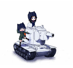  2girls blue_eyes caterpillar_tracks chibi commentary_request emblem girls_und_panzer helmet homura-yoshida35 katyusha_(girls_und_panzer) kv-2 military military_uniform military_vehicle motor_vehicle multiple_girls nonna_(girls_und_panzer) oerba_yun_fang on_vehicle pravda_(emblem) pravda_military_uniform short_jumpsuit smile tank tank_helmet uniform 