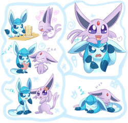  :3 :o blue_eyes blush book bukoya closed_eyes commentary_request drooling espeon flower food forked_tail glaceon hair_flower hair_ornament heart holding holding_book no_humans on_head open_book open_mouth pancake photoshop_(medium) pokemon pokemon_(creature) pokemon_on_head purple_eyes siblings sisters sitting sleeping smile sweatdrop tail translated v-shaped_eyebrows zzz 