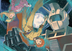  1boy afro blonde_hair cosmo_yuki densetsu_kyojin_ideon female ideon kasha_imhof mecha moon red_hair sarmatamra twintails 