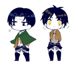  2boys bad_id bad_pixiv_id belt black_eyes black_hair blush boots brown_hair brown_jacket cape eren_yeager expressionless jacket levi_(shingeki_no_kyojin) long_sleeves looking_at_viewer male_focus meiji_(meeeeji) multiple_boys paradis_military_uniform puff_of_air shingeki_no_kyojin standing star_(symbol) tareme thigh_strap white_background 