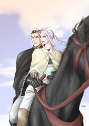  2boys absurdres arslan arslan_senki black_cape black_footwear black_hair blue_eyes blue_sky boots brown_eyes brown_footwear brown_gloves cape capelet commentary_request daryoon dated day earrings gauntlets gloves grey_pants highres horse horseback_riding jewelry knee_boots long_hair male_focus multiple_boys multiple_riders outdoors pants ponytail reins riding risuusagi2 sky stud_earrings thigh_boots thighhighs white_hair 