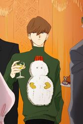  1boy blue_eyes brown_hair commentary_request cup drinking_glass highres kaiba_seto male_focus short_hair snowcupcake sweater turtleneck turtleneck_sweater ugly_sweater wine_glass yu-gi-oh! 