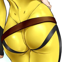  alternate_color ass ass_focus belt bodysuit close-up dimples_of_venus female from_behind hand_on_own_hip impossible_clothes misaki_yuria shinobu_(tyno) simple_background skin_tight solo standing tight_clothes uchuu_senkan_yamato uchuu_senkan_yamato_2199 white_background yellow_bodysuit 