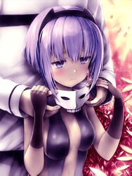  1boy black_gloves black_hairband blush breasts commentary_request dark-skinned_female dark_skin fate/grand_order fate_(series) female fingerless_gloves gloves hair_between_eyes hairband hassan_of_serenity_(fate) highres holding_hands looking_at_viewer mask medium_breasts navel purple_eyes purple_hair short_hair tranquillianusmajor unworn_mask upper_body 